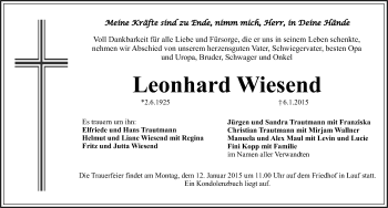 Traueranzeige von Leonhard Wiesend von Pegnitz-Zeitung